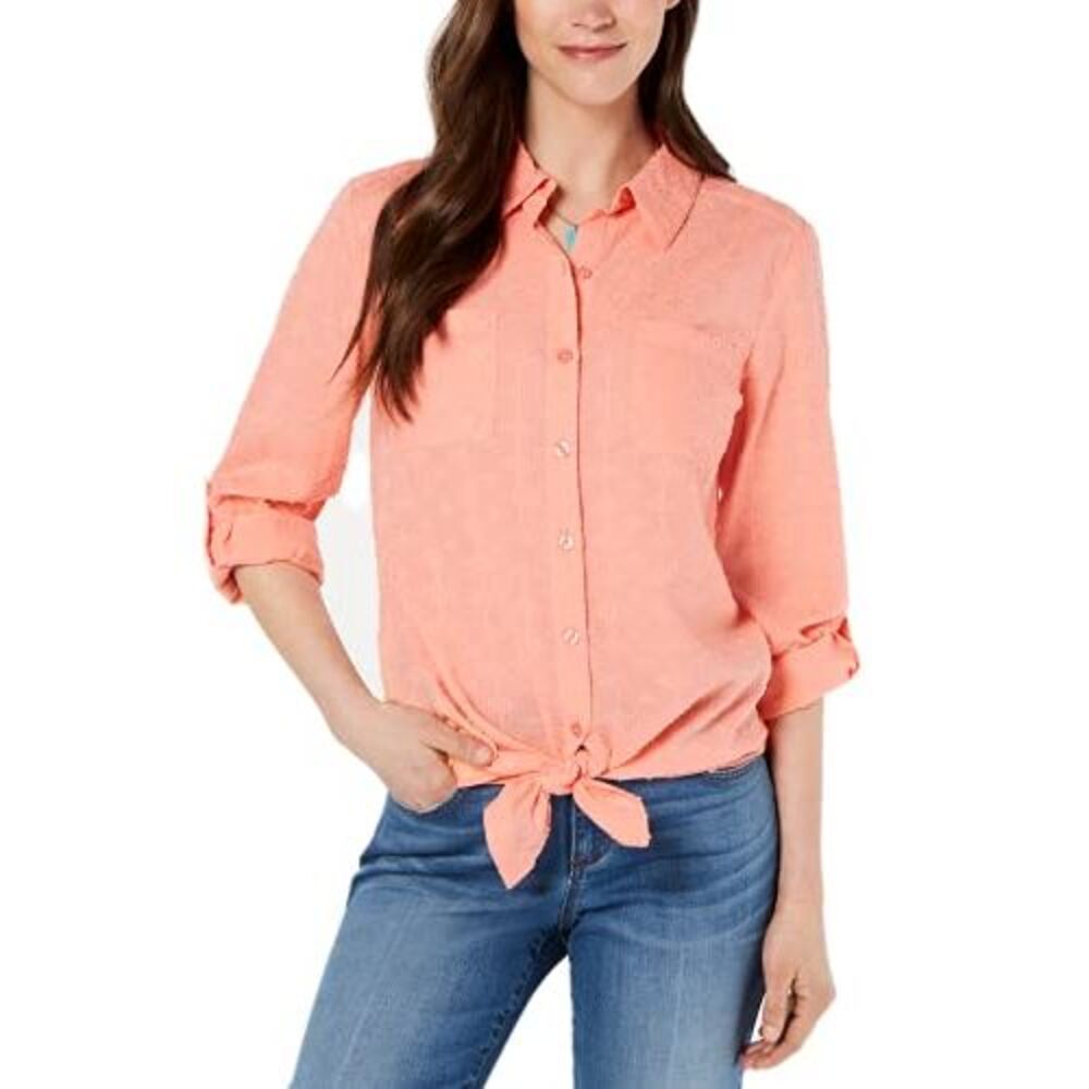 Style & Co. Button-Down Tie-Hem Cotton Top